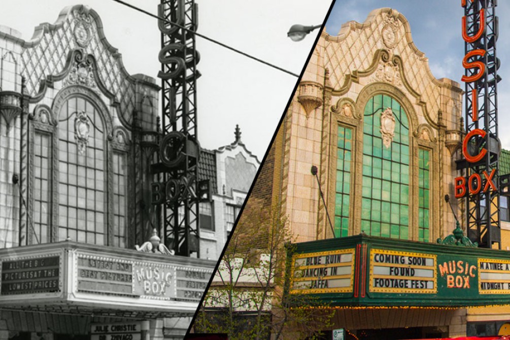 Black & white photo of the Music Box Theatre's past vs a current era color photo.